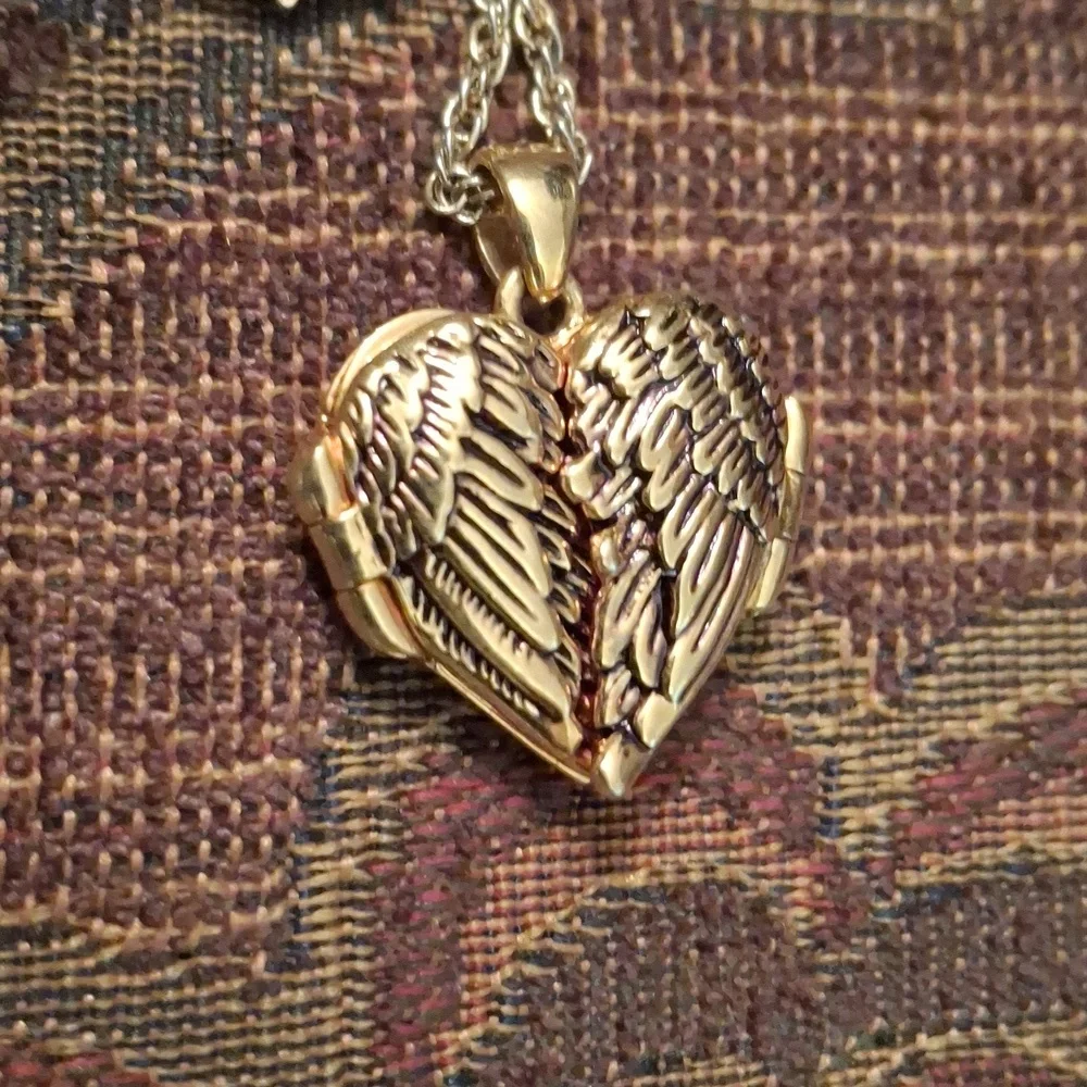 Gold Angel Wing Heart Pendant Necklace